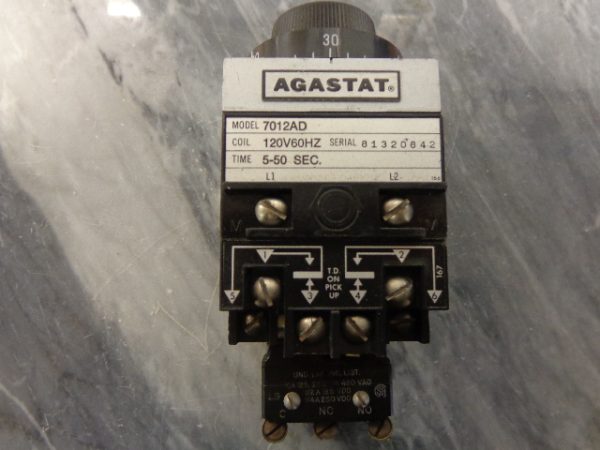 AGASTAT TIME DELAY RELAY, 1423157-8, COIL 120V / 60HZ, TIME 5-50 SECONDS 7012AD