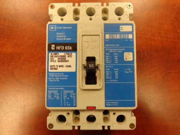 HFD3050: CUTLER-HAMMER, INDUSTRIAL CIRCUIT BREAKER 3 POLES, 50 AMPS, 600 VAC / 250 VDC. STYLE 6639C86G91