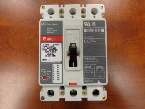 CUTLER HAMMER MOTOR CIRCUIT PROTECTOR, BREAKER 15 AMP, 3 POLE, 600VAC HMCP015EOC