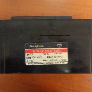 WESTINGHOUSE, FA2015, 368D451G01 FA SERIES, TYPE FA, 2P, 1PH, 15A, 600V, 14KA@480V FA2015