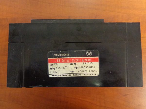 WESTINGHOUSE, FA2015, 368D451G01 FA SERIES, TYPE FA, 2P, 1PH, 15A, 600V, 14KA@480V FA2015
