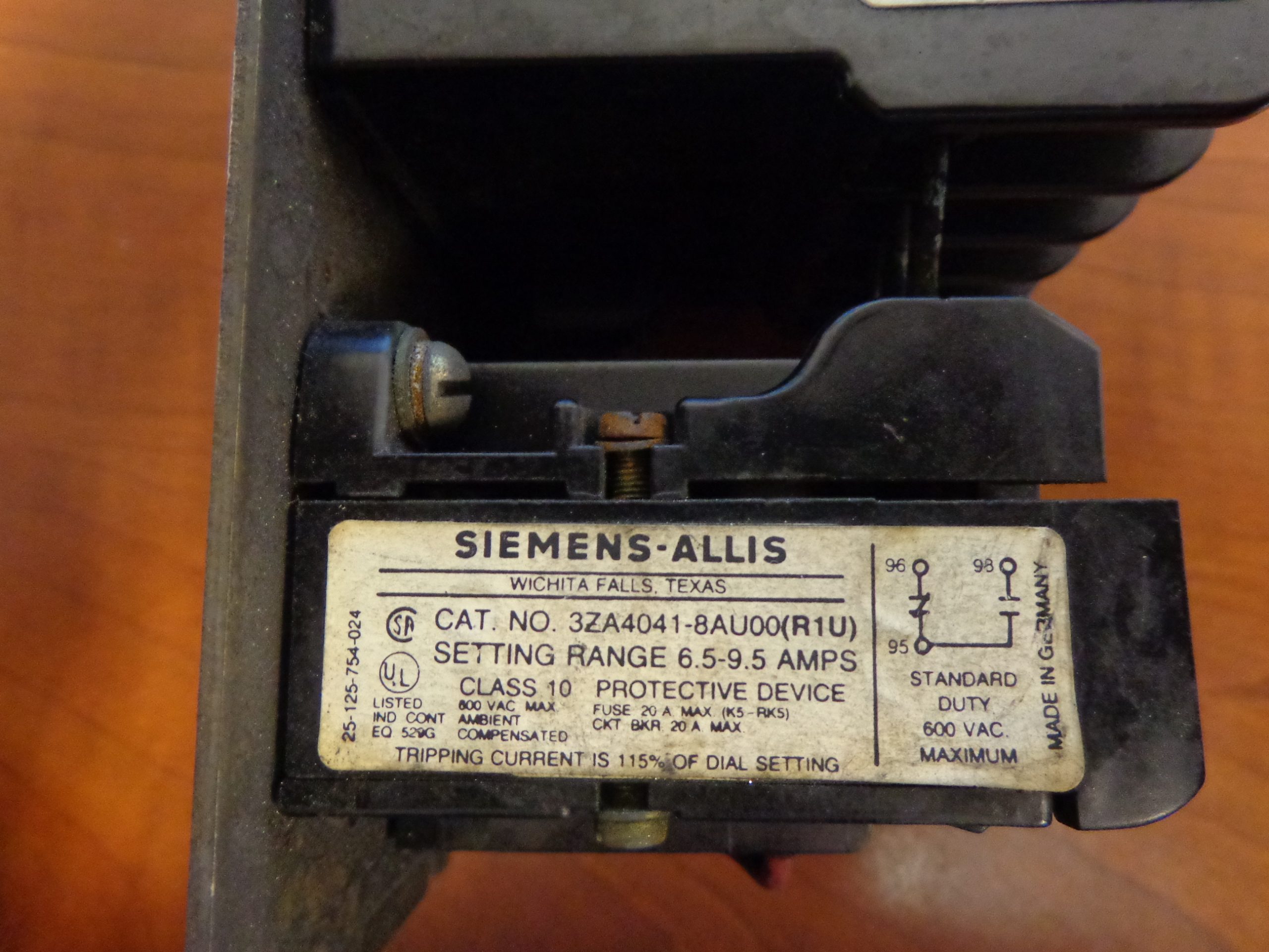 SIEMENS ALLIS OVERLOAD RELAY(25-125-754-024) 3ZA4041-8AU00