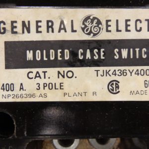 TJK436Y400: GENERAL ELECTRIC, MOLDED CASE SWITCH, CIRCUIT BREAKER 3 POLE, 400 AMP, 600VAC. WITH SHUNT TRIP TJKYT3.