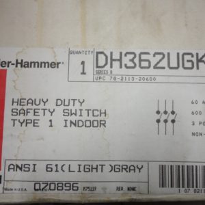 DH362UGK: CUTLER-HAMMER, HEAVY DUTY SAFETY SWITCH 60 AMP, 600VAC, 3 POLE, SERIES B, NEMA TYPE 1 INDOOR ENCLOSURE.
