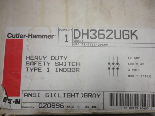 DH362UGK: CUTLER-HAMMER, HEAVY DUTY SAFETY SWITCH 60 AMP, 600VAC, 3 POLE, SERIES B, NEMA TYPE 1 INDOOR ENCLOSURE.