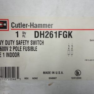 DH261FGK: CUTLER HAMMER, DISCONNECT SWITCH 2 POLE FUSIBLE, 30 AMP, 600 VOLT AC/DC, SERIES A. NEMA TYPE 1 INDOOR ENCLOSURE.