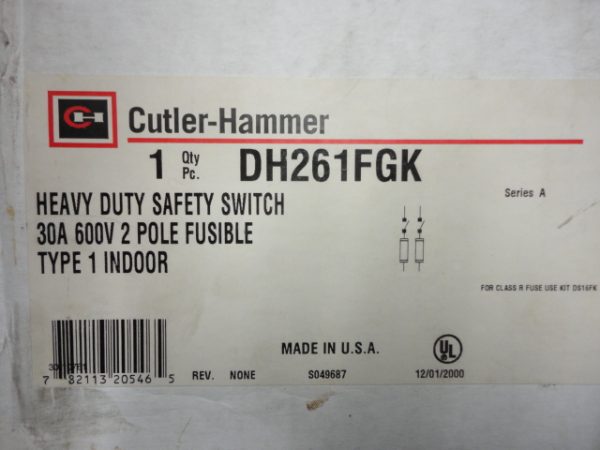 DH261FGK: CUTLER HAMMER, DISCONNECT SWITCH 2 POLE FUSIBLE, 30 AMP, 600 VOLT AC/DC, SERIES A. NEMA TYPE 1 INDOOR ENCLOSURE.