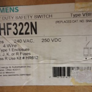 HF322N: SIEMENS, HEAVY DUTY SAFETY SWITCH TYPE VBII, 60 AMPS, 240VAC / 250VDC, 3 POLE, 4 WIRE, NEMA TYPE 1 ENCLOSURE. CLASS H, J, K, OR R FUSES.