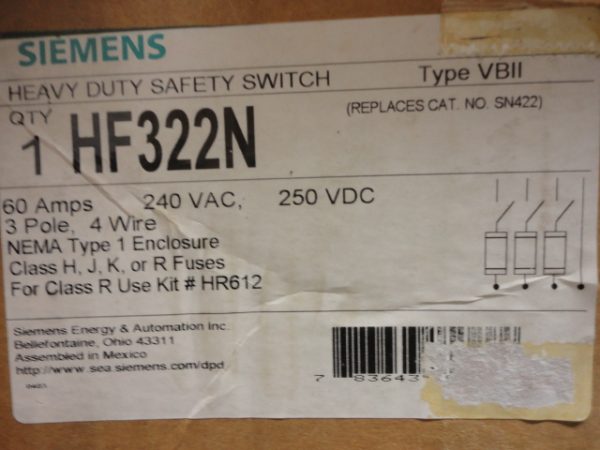 HF322N: SIEMENS, HEAVY DUTY SAFETY SWITCH TYPE VBII, 60 AMPS, 240VAC / 250VDC, 3 POLE, 4 WIRE, NEMA TYPE 1 ENCLOSURE. CLASS H, J, K, OR R FUSES.