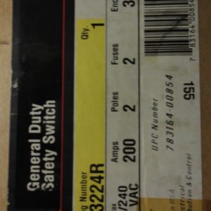 TG3224R: GENERAL ELECTRIC, GENERAL DUTY SAFETY SWITCH 200 AMP, 2 POLE, FUSIBLE, 120/240VAC, MODEL 8, NEMA 3R RAINPROOF ENCLOSURE.