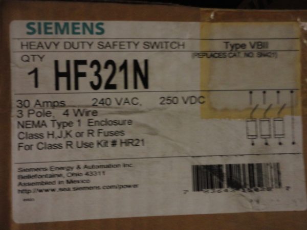 HF321N: SIEMENS, HEAVY DUTY SAFETY SWITCH 30 AMPS, 3 POLE, 4 WIRE, FUSIBLE, 240VAC / 250VDC, TYPE VBII