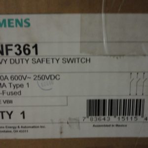 HNF361: SIEMENS, HEAVY DUTY SAFETY SWITCH 30 AMP, 3 POLE, 600VAC / 250VDC, TYPE VBII, NEMA TYPE 1 INDOOR ENCLOSURE. POSITIVE STOP.