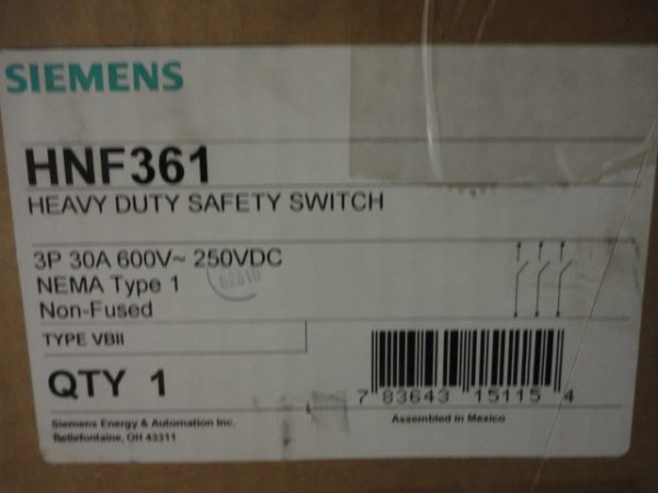 HNF361: SIEMENS, HEAVY DUTY SAFETY SWITCH 30 AMP, 3 POLE, 600VAC / 250VDC, TYPE VBII, NEMA TYPE 1 INDOOR ENCLOSURE. POSITIVE STOP.