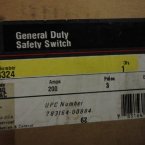 TGN3324: GENERAL ELECTRIC, GENERAL DUTY SAFETY SWITCH 200 AMP, 3 POLE, 120/240VAC, MODEL 8, NEMA TYPE 1 INDOOR ENCLOSURE.