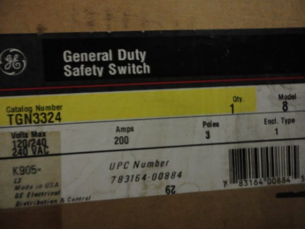 TGN3324: GENERAL ELECTRIC, GENERAL DUTY SAFETY SWITCH 200 AMP, 3 POLE, 120/240VAC, MODEL 8, NEMA TYPE 1 INDOOR ENCLOSURE.