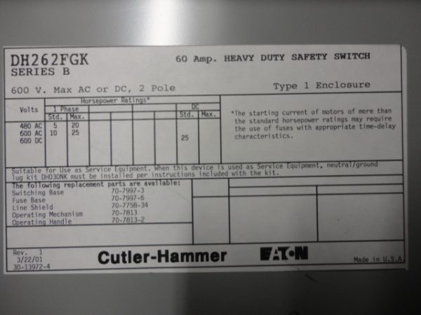 DH262FGK: DISCONNECT, CUTLER HAMMER