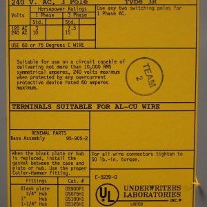 DG322URB: CUTLER HAMMER,  GENERAL DUTY SAFETY SWITCH 3 POLE, 60 AMP, 240VAC. NEMA TYPE 3R RAINPROOF ENCLOSURE.