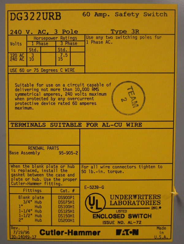 DG322URB: CUTLER HAMMER,  GENERAL DUTY SAFETY SWITCH 3 POLE, 60 AMP, 240VAC. NEMA TYPE 3R RAINPROOF ENCLOSURE.
