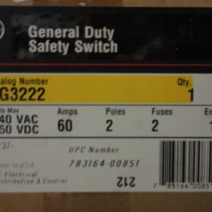 TG3222: GENERAL ELECTRIC, GENERAL DUTY SAFETY SWITCH 2 POLE, 60 AMP, 240VAC / 250VDC, FUSIBLE, MODEL 8