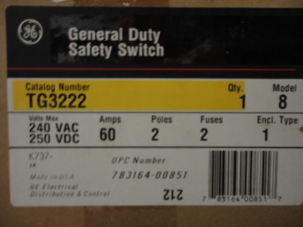 TG3222: GENERAL ELECTRIC, GENERAL DUTY SAFETY SWITCH 2 POLE, 60 AMP, 240VAC / 250VDC, FUSIBLE, MODEL 8