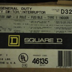 D323N: SQUARE D, GENERAL DUTY SAFETY SWITCH 100 AMP, 3 POLE, FUSIBLE, 240VAC 50/60Hz, SERIES F03, NEMA TYPE 1 INDOOR ENCLOSURE.