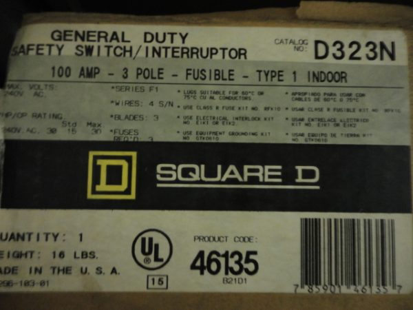D323N: SQUARE D, GENERAL DUTY SAFETY SWITCH 100 AMP, 3 POLE, FUSIBLE, 240VAC 50/60Hz, SERIES F03, NEMA TYPE 1 INDOOR ENCLOSURE.