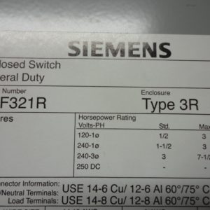 GNF321R: SIEMENS, GENERAL DUTY ENCLOSED SWITCH 30 AMP, 3 POLE, 240VAC / 250VDC, NEMA TYPE 3R RAINPROOF ENCLOSURE.