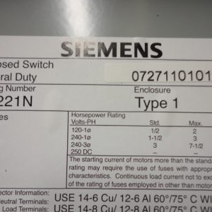 GF221N: SIEMENS, GENERAL DUTY ENCLOSED SWITCH 30 AMP, 240VAC, 2 POLE, FUSIBLE, NEMA TYPE 1 INDOOR ENCLOSURE.
