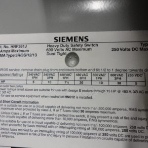 HNF361J: SIEMENS, HEAVY DUTY SAFETY SWITCH 30 AMPS, 3 POLE, 600VAC / 250VDC, TYPE VBII. NEMA TYPE 3R, 3S, 12, 13, DUST TIGHT ENCLOSURE.