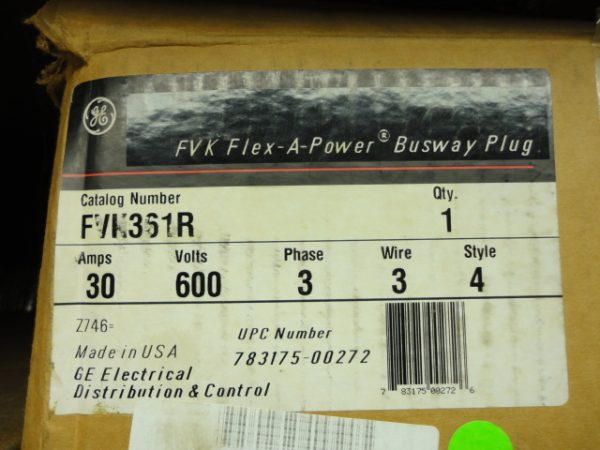 FVK361R GENERAL ELECTRIC, FVK FLEX-A-POWER BUSWAY PLUG 30 AMPS, 600V, 3 POLE, 3 WIRE, STYLE 4