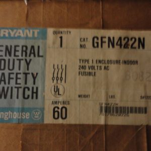 GFN422N: BRYANT / WESTINGHOUSE, GENERAL DUTY SAFETY SWITCH 60 AMPS, 240VAC, 3 POLE FUSIBLE, NEMA TYPE 1 INDOOR ENCLOSURE.