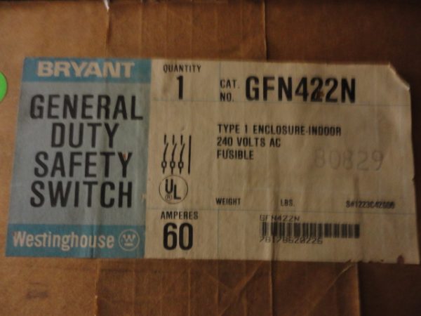 GFN422N: BRYANT / WESTINGHOUSE, GENERAL DUTY SAFETY SWITCH 60 AMPS, 240VAC, 3 POLE FUSIBLE, NEMA TYPE 1 INDOOR ENCLOSURE.