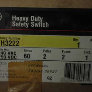 TH3222: GENERAL ELECTRIC, HEAVY DUTY SAFETY SWITCH 60 AMP, 2 POLE, FUSIBLE, 240VAC / 250VDC, MODEL 7, NEMA TYPE 1 INDOOR ENCLOSURE.