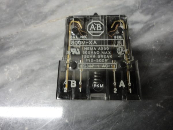 800M-XA: ALLEN BRADLEY, CONTACT BLOCK SERIES B WITH QUICK CONNECT TERMINALS, 1NO 1NC, FOR 22mm OPERATOR, RATED NEMA A300, 300VAC MAX, 720VA BREAK, 110-300V.