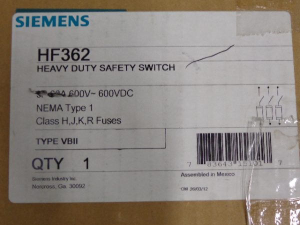HF362: SIEMENS, HEAVY DUTY SAFETY SWITCH TYPE VBII, 60 AMP, 600V AC/DC, 3 POLE, 3 WIRE, FUSIBLE, NEMA TYPE 1 INDOOR ENCLOSURE.