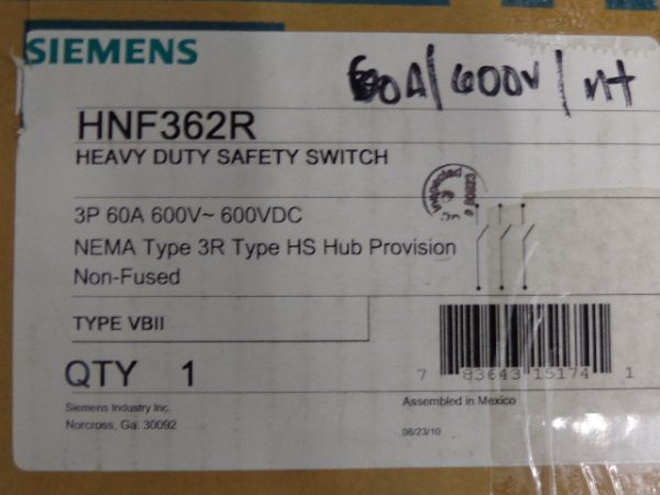JN-323: ITE / SIEMENS, GENERAL DUTY ENCLOSED SWITCH 100 AMP, 2 POLE FUSIBLE, 240VAC / 250VDC, NEMA TYPE 1 INDOOR ENCLOSURE.