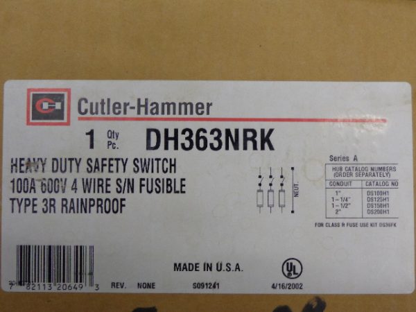 DT221U: CUTLER-HAMMER, DOUBLE THROW SAFETY SWITCH 30 AMP, 250V AC/DC, 2 POLE.