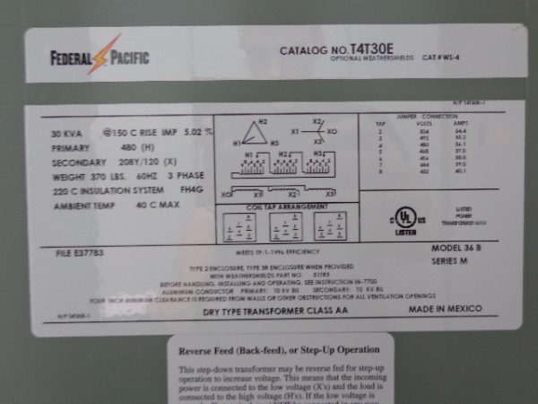 T4T30E:FEDERAL PACIFIC 30KVA TRANSFORMER T4T30E,FEDERAL PACIFIC