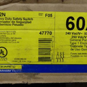 H222N: SQUARE D, HEAVY DUTY SAFETY SWITCH 2 POLE, FUSIBLE, 240VAC 50/60Hz / 250VDC, SERIES F05, NEMA TYPE 1 INDOOR ENCLOSURE.