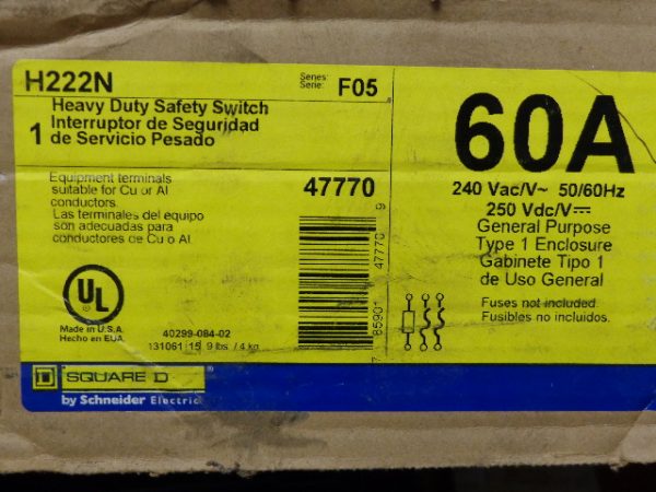 H222N: SQUARE D, HEAVY DUTY SAFETY SWITCH 2 POLE, FUSIBLE, 240VAC 50/60Hz / 250VDC, SERIES F05, NEMA TYPE 1 INDOOR ENCLOSURE.
