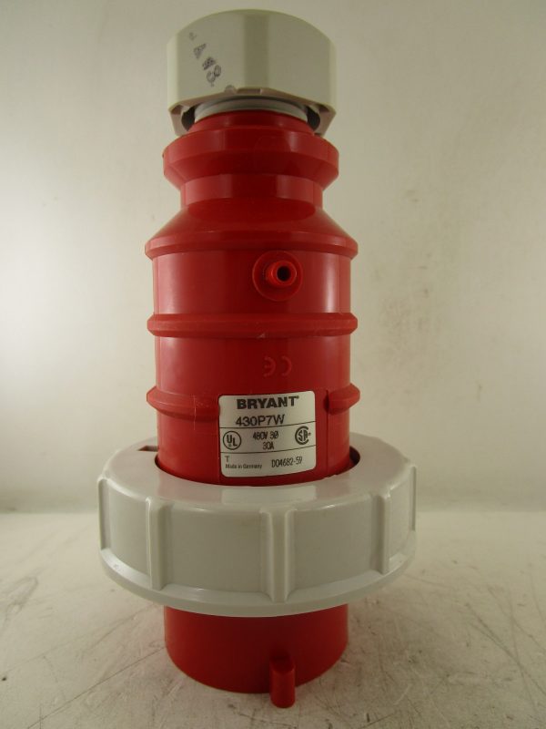 430P7W: BRYANT, WATERTIGHT PLUG, PIN & SLEEVE, IEC 309 CONFIGURATION, 3 POLE, 4 WIRE GROUNDING 30A 3PH 480VAC.