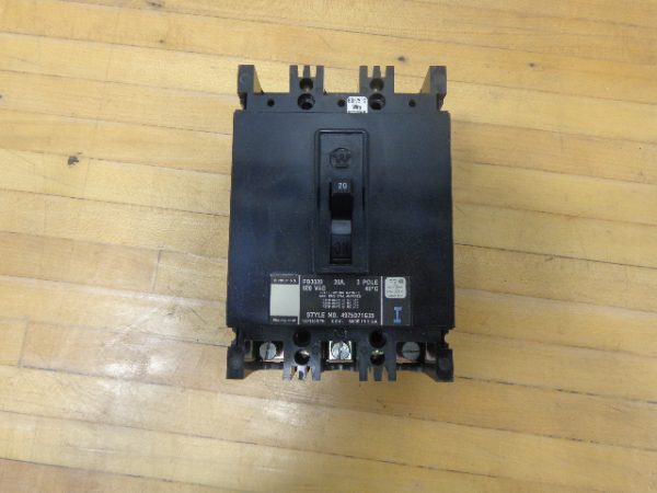 FB3020: WESTINGHOUSE, AB-DE-ION CIRCUIT BREAKER 3 POLE, 20 AMPS, 600 VAC, THERMAL MAGNETIC, STYLE NO. 4975D71G35