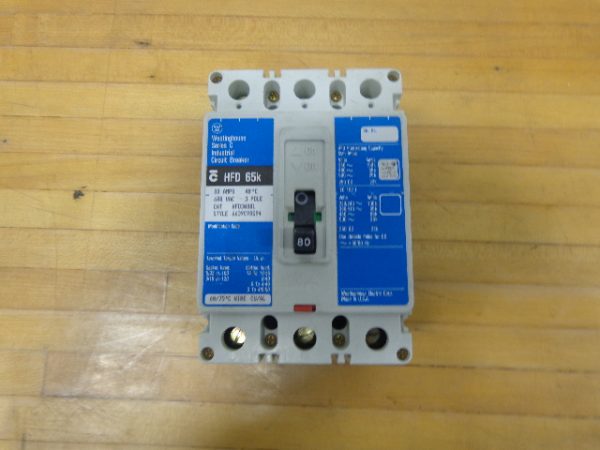 HFD3080L: WESTINGHOUSE, INDUSTRIAL CIRCUIT BREAKER 3 POLE, 80 AMP, 600 VAC, 250 VDC, STYLE NO. 6639C98G94